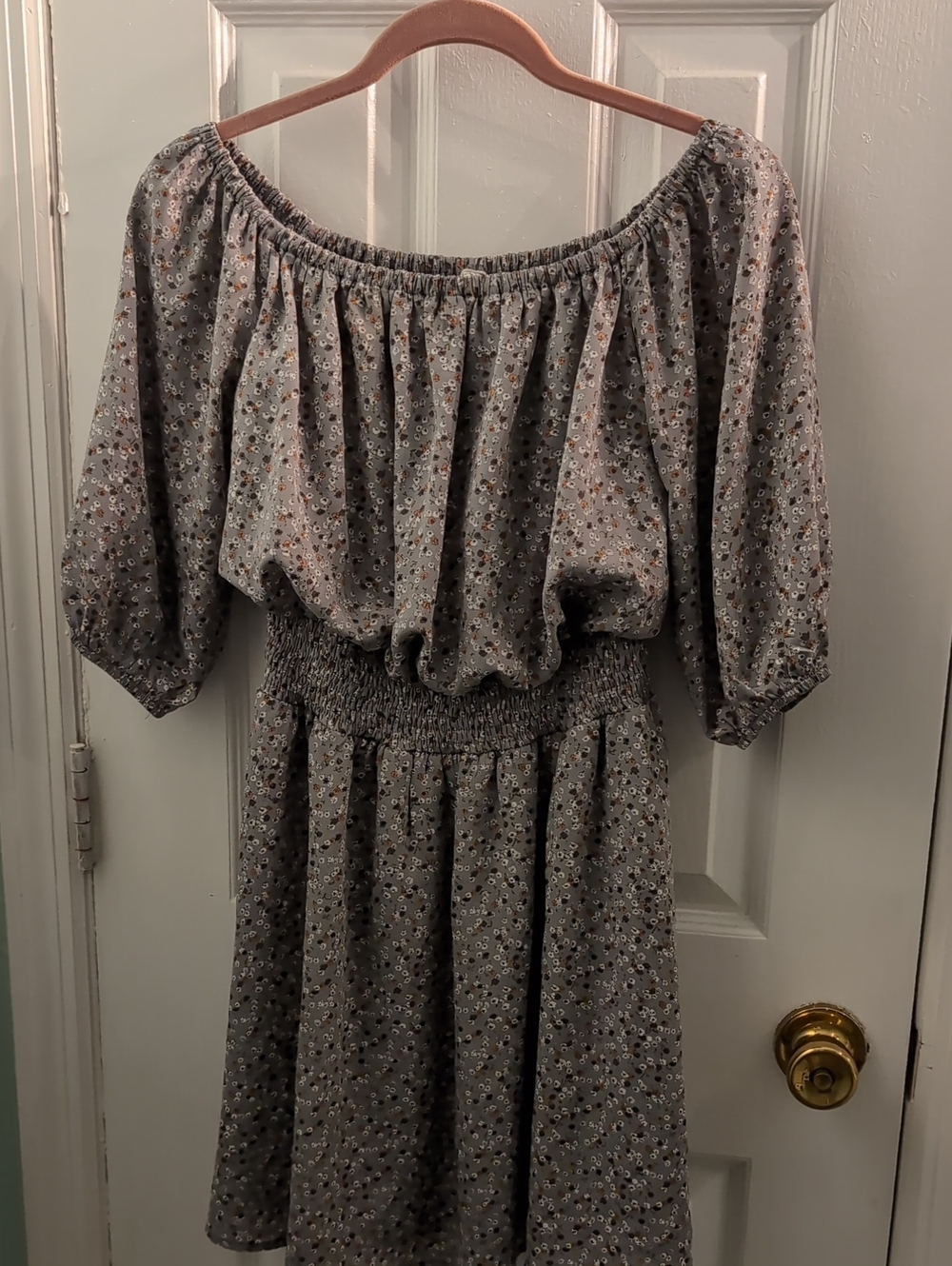 Sadie And Sage Off-Shoulder Smocked Waist Floral Dress — Gray